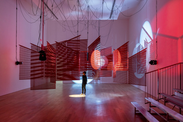 Haegue Yang Red Broken Mountainous Labyrinth 2008 Aluminum venetian blinds, powder-coated aluminum hanging structure, steel wire rope, moving spotlights, DMX controller, spotlights Dimensions variable Courtesy of the artist and Greene Naftali, New York In